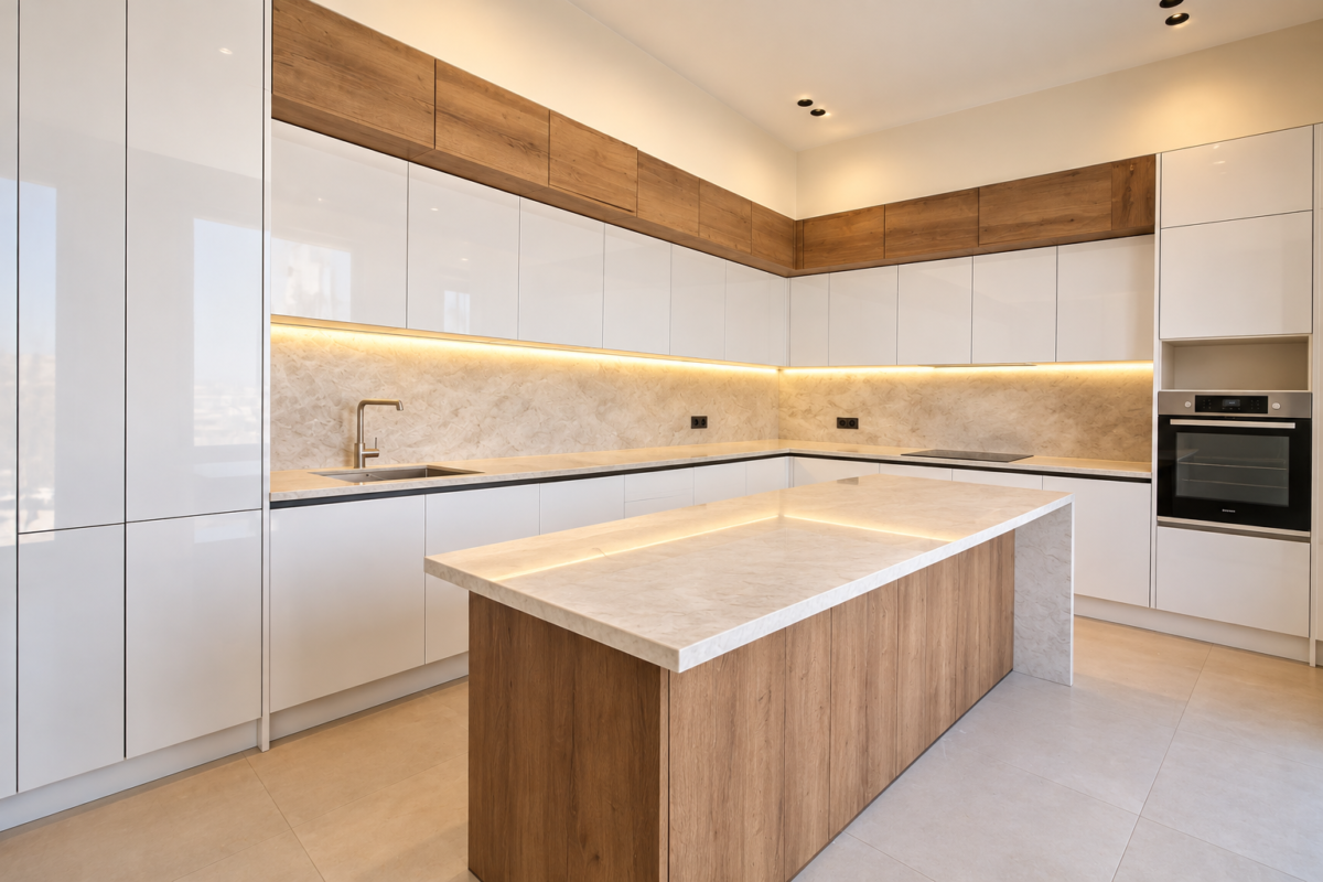 cuisine moderne blanche et bois chaleureux
